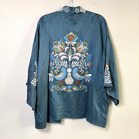 Novica Azure Autumn Floral Embroidered Kimono Jacket Size S M Blue Birds Pockets - Picture 4 of 13